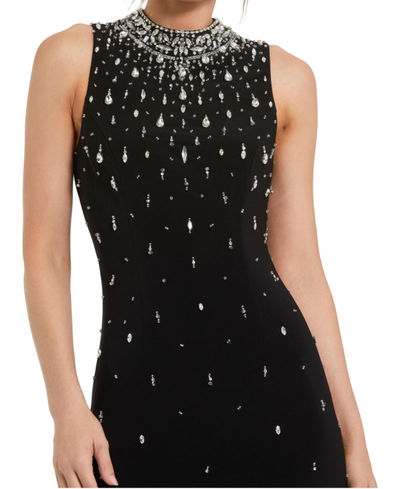 Women's High Neck Sleeveless Beaded Jersey Fitted Gown