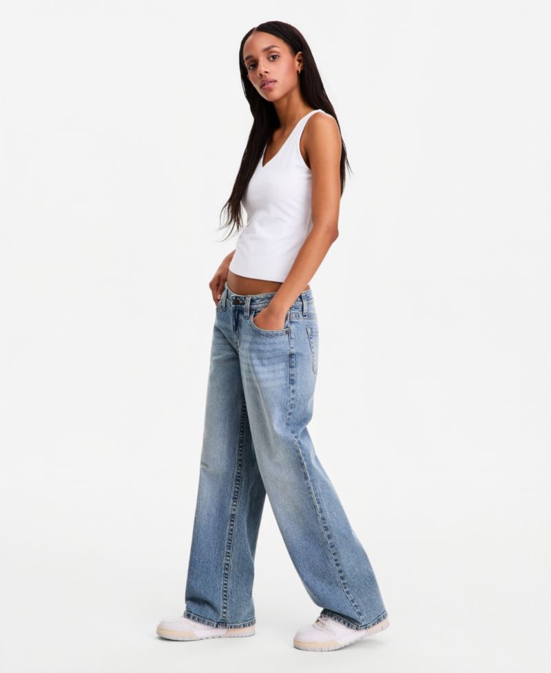 Juniors' Low Rise V-Waist Baggy Embroidered Straight Leg Jean