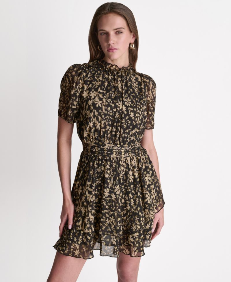 Women's Printed Puff Short-Sleeve Mock-Neck Dress