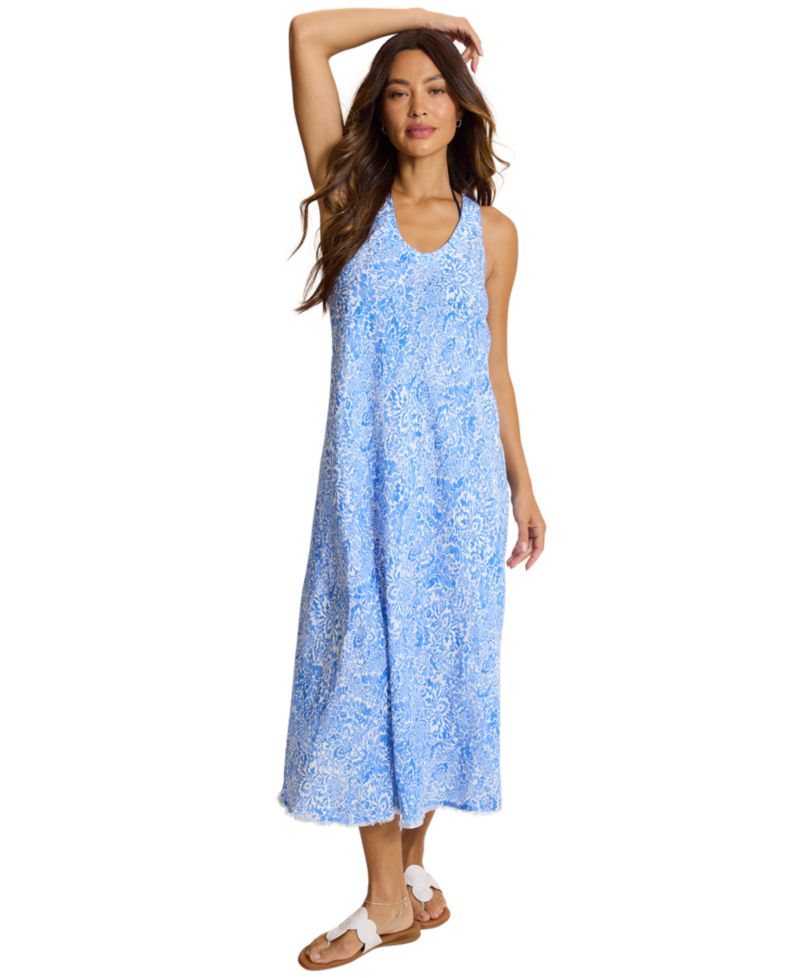Women's Paisley Daze V-Neck Fringed-Hem Linen-Blend Dress