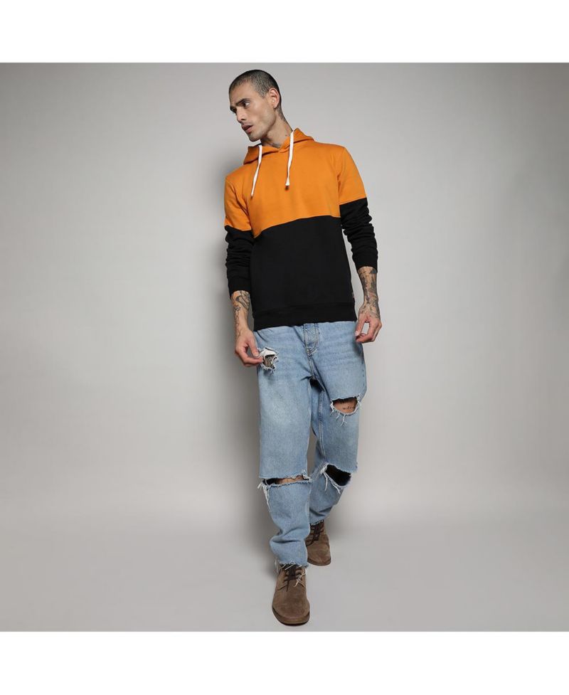 Men's Black & Mustard Yellow Pullover Hoodie With Ribbed Hem