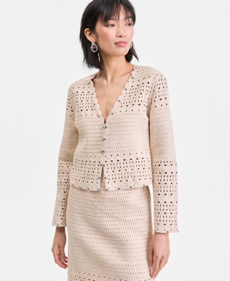 Women's Studded Cotton Crochet Cardigan