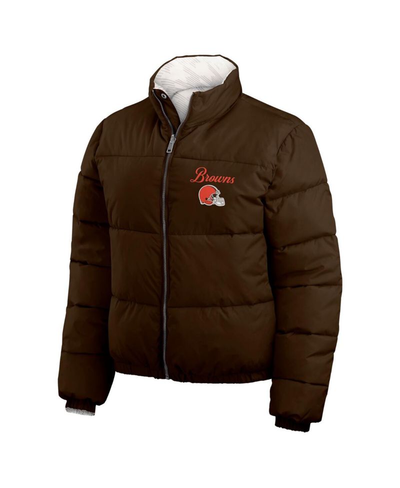 Women's Brown/White Cleveland Browns Reversible Cropped Full-Zip Puffer Jacket