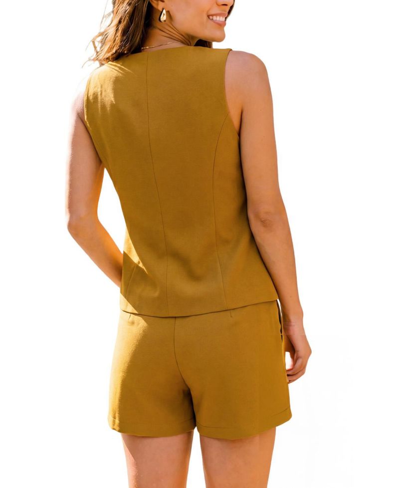 Women's Gentle Tailored Sleeveless Vest Short Co-Ord Square Neckline Vest and Shorts Set