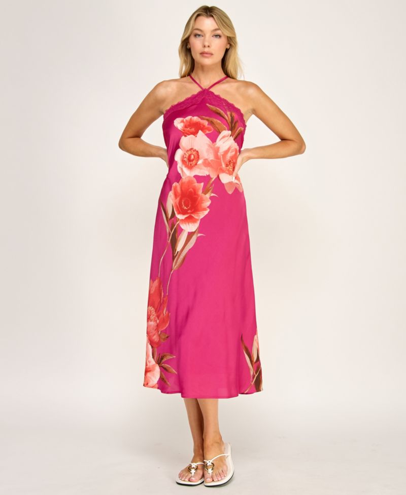Women's Printed Halter Neck Scallop Trim Midi Dress