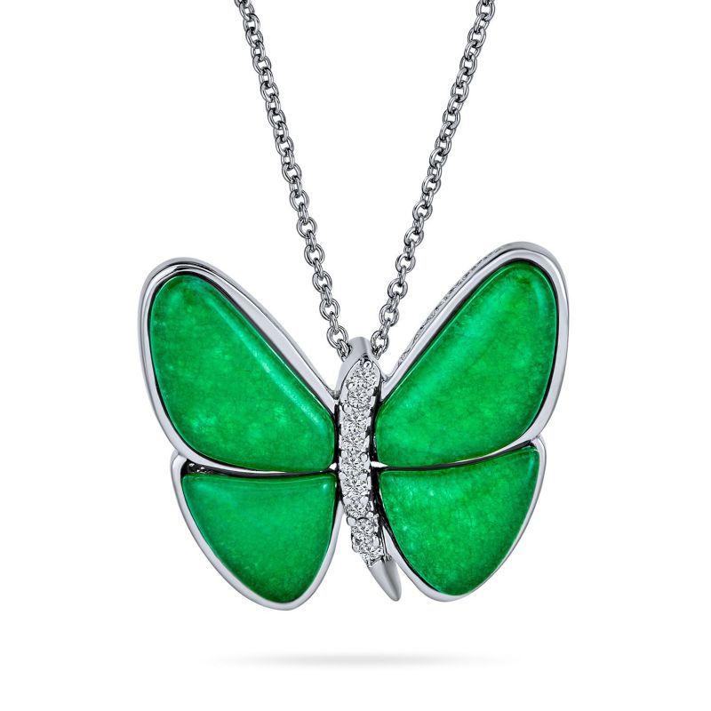 Green Malaysian Jade Quartz Garden Insect Butterfly Necklace Silver Plated