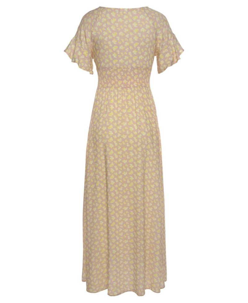 Women's Viscose Floral Print Ruffle-Trim Style V-Neck Maxi Dress