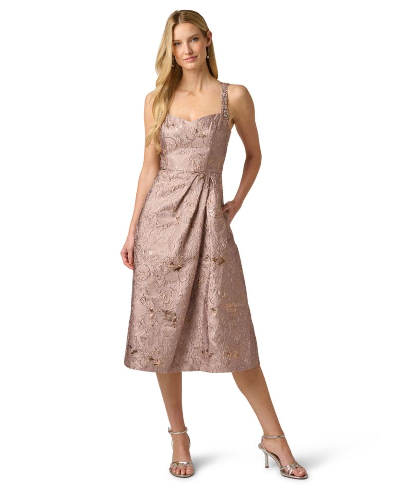 Women's Metallic Jacquard Sweetheart Neck Midi Dress