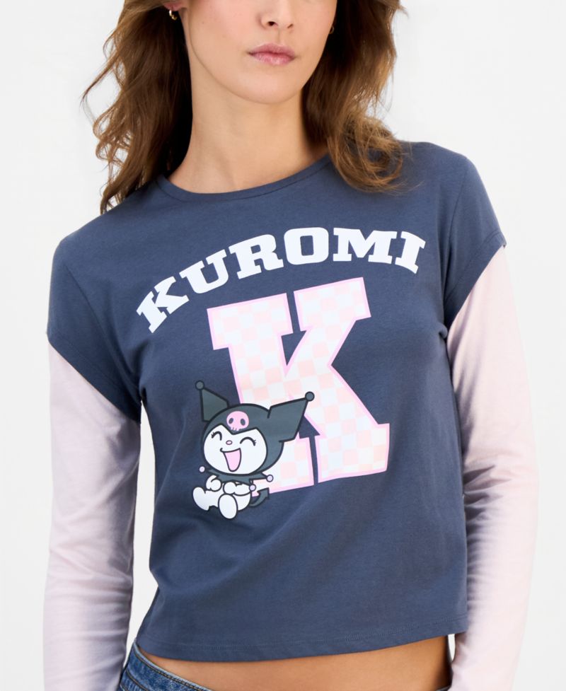 Juniors' Kuromi Long-Sleeve Layered-Look Baby Tee
