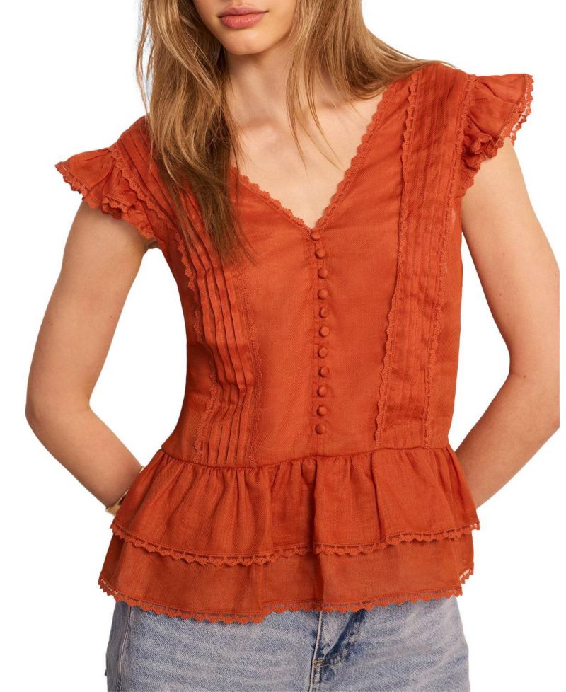 Women's V-Neck Ruffle Sleeveless Ramie Blouse