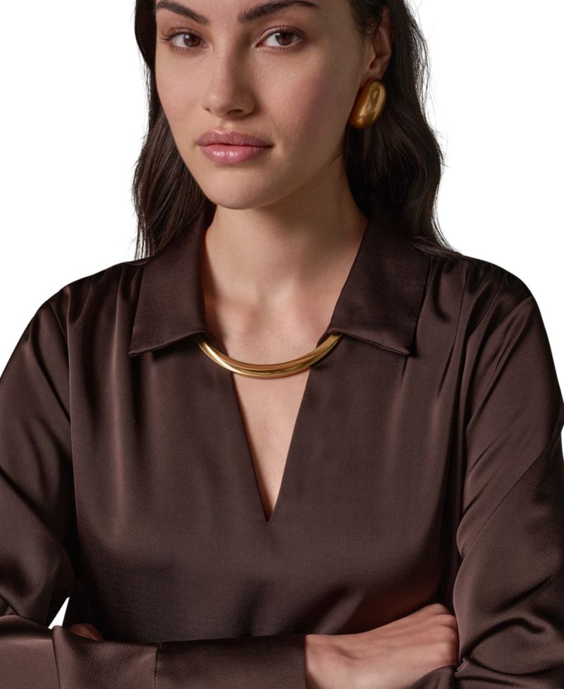 Women's Long-Sleeve Satin V-Neck Collared Blouse