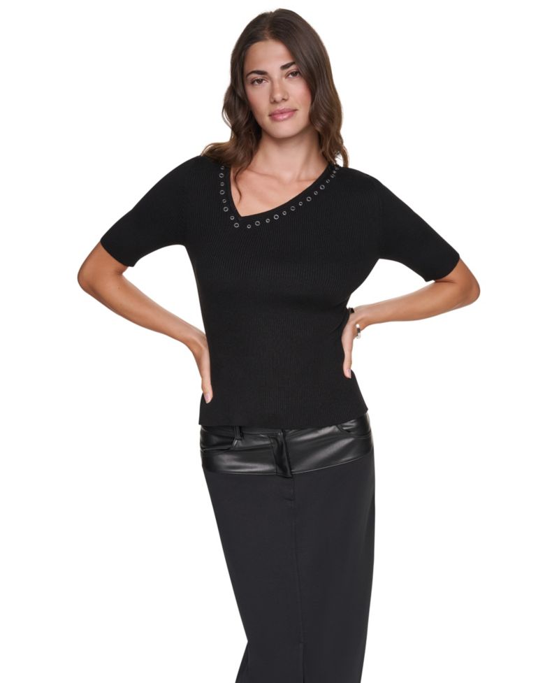 Women's Asymmetrical V-Neck Studded Ribbed-Knit Pullover Sweater