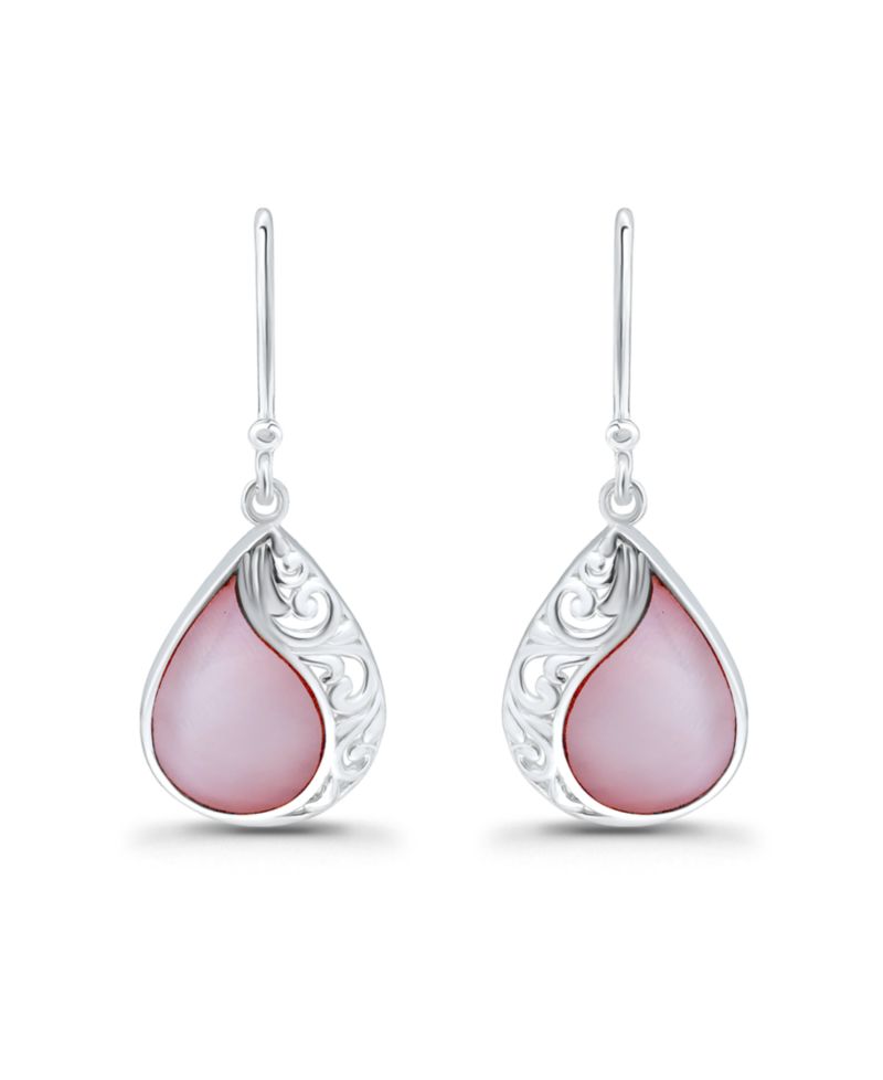 Abalone or Pink Shell Inlay Teardrop Filigree Fishhook Earrings