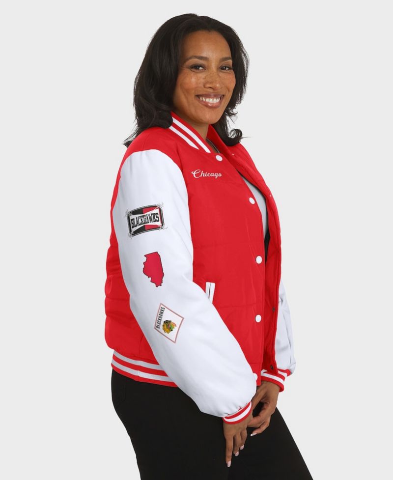 Women's Red/White Chicago Blackhawks Varsity Full-Snap Puffer Jacket