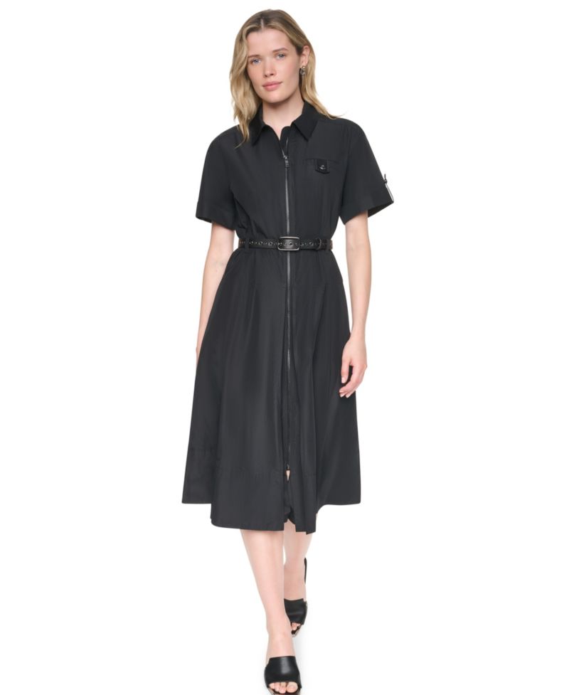 Women's Collared Short-Sleeve Removable Belt Midi Dress