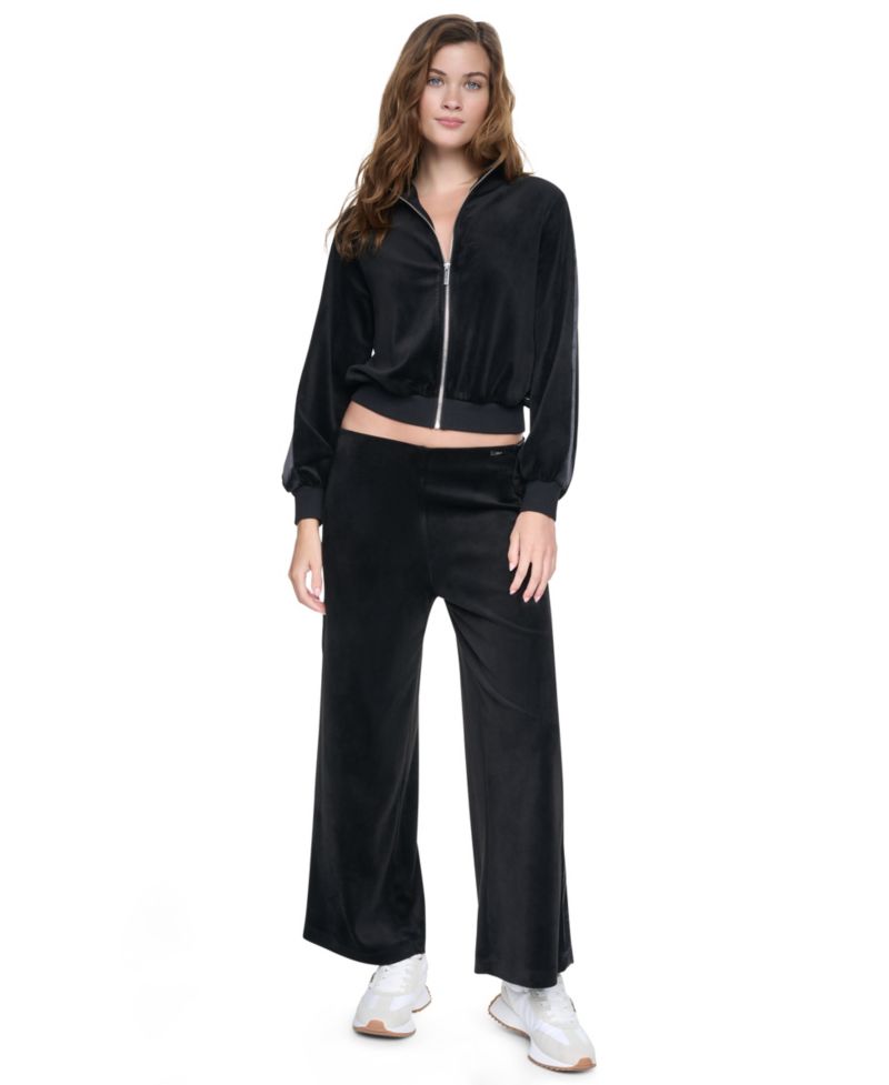 Petite Velour and Satin Trim Pull-On Wide-Leg Pants