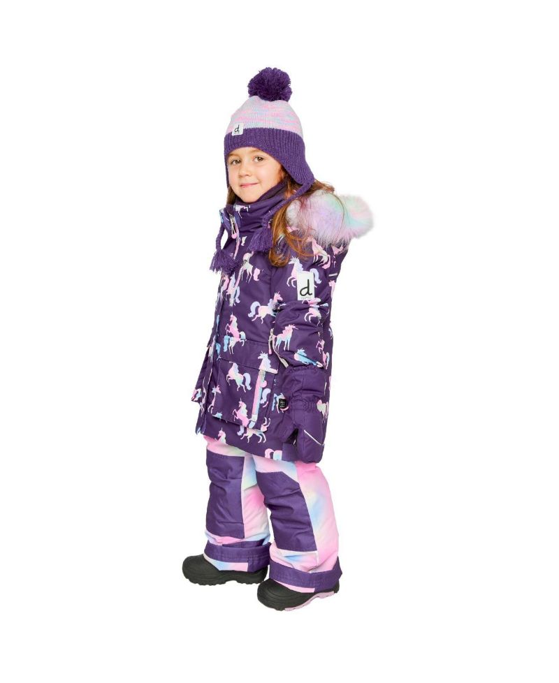 Little and Big Girl 6- 14 Two Piece Play Snowsuit Purple Unicorn Print with Multicolored Pants