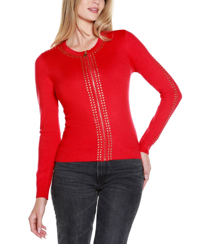 Women's Crewneck Embellished Zip Cardigan Sweater