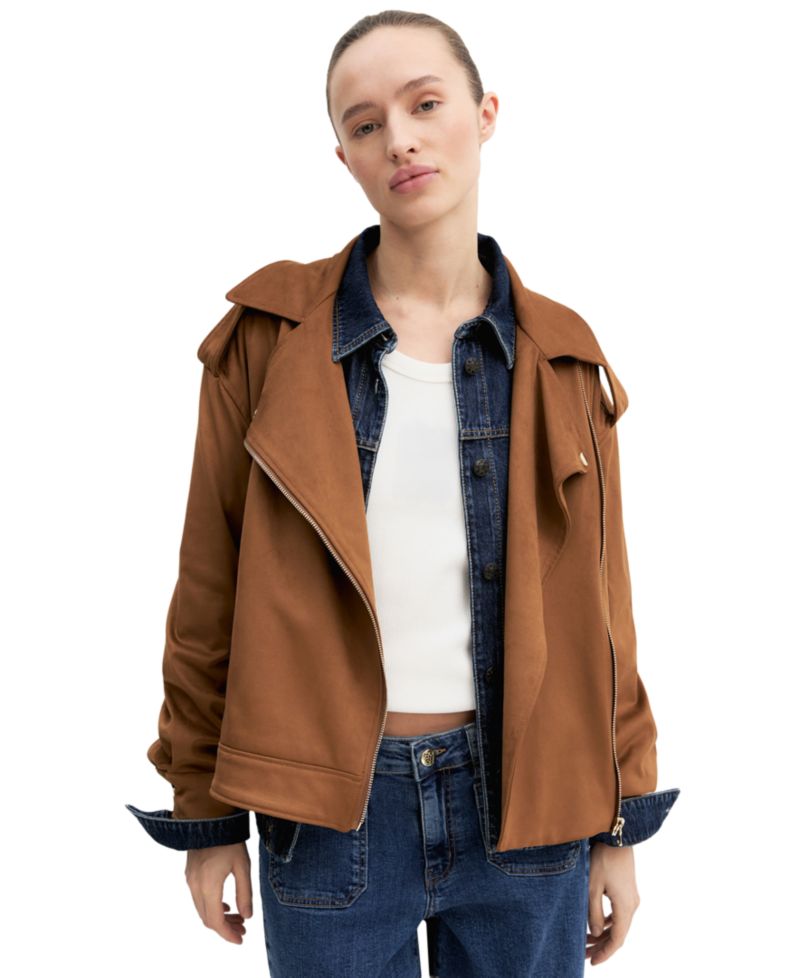 Women's Velvety-Finish Asymmetric-Zip Biker Jacket