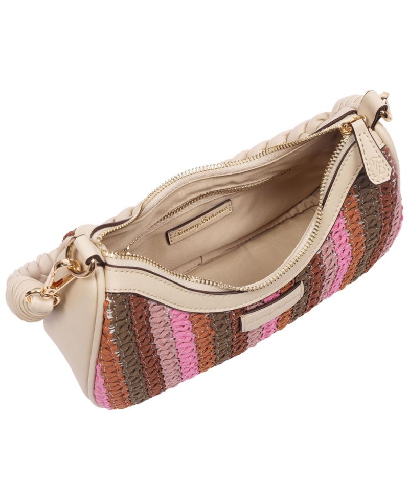Woven Ribbon Zip Top Hobo Bag - Striped Woven Shoulder Bag with Braided Strap
