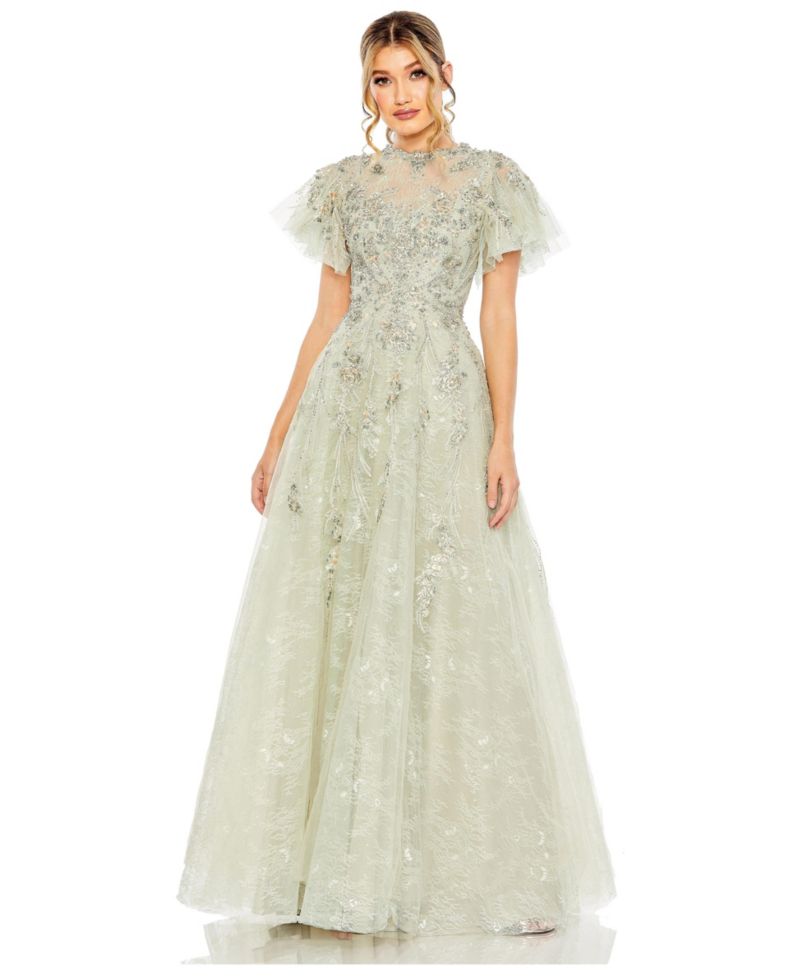 Women's Illusion Neck Beaded Lace Flutter Sleeve Ball Gown