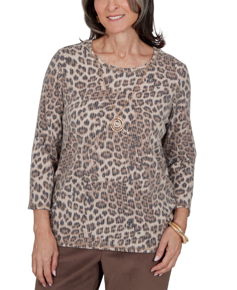 Petite Leopard-Print 3/4-Sleeve T-Shirt