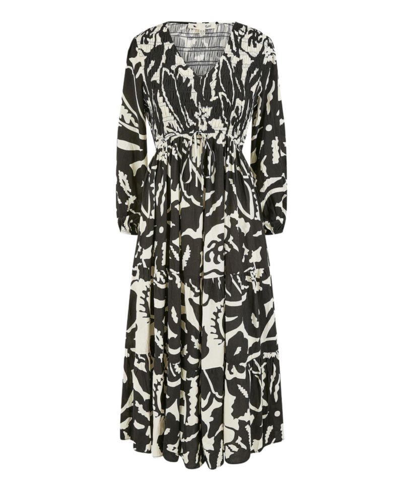 Women's Abstract Print Ruched V-Neck Midi Dress