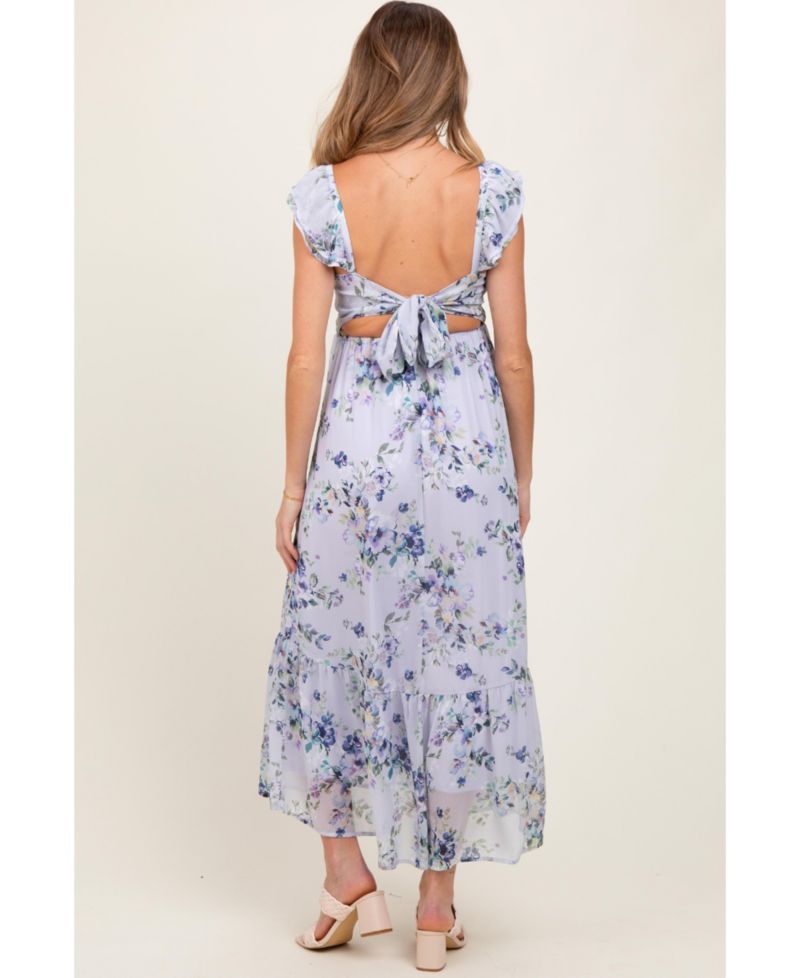 Women's Lilac Floral Textured Open Back Tie Maxi Dress
