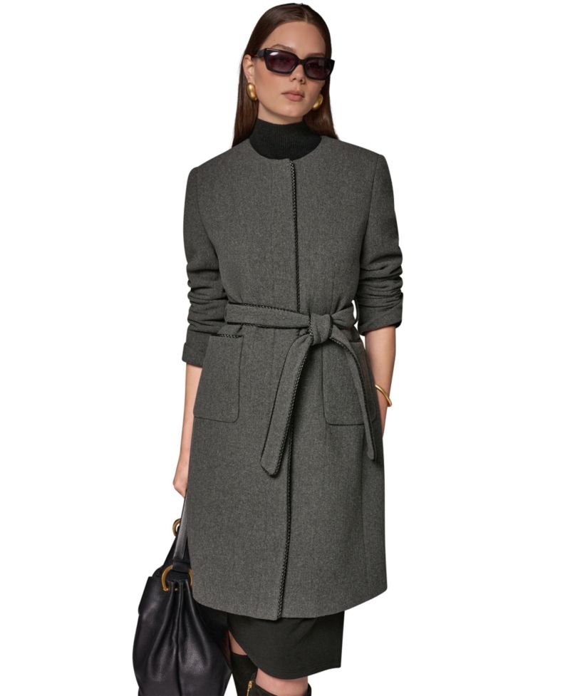 Women's Collarless Wool-Blend Pleather Trim Coat