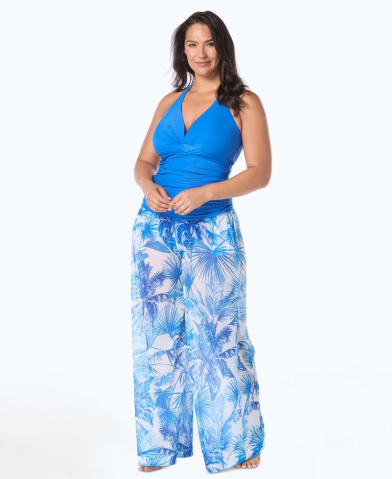 Women's Meryl Tropical-Print Wide-Leg Swimwear Cover-Up Pants, 32" Inseam