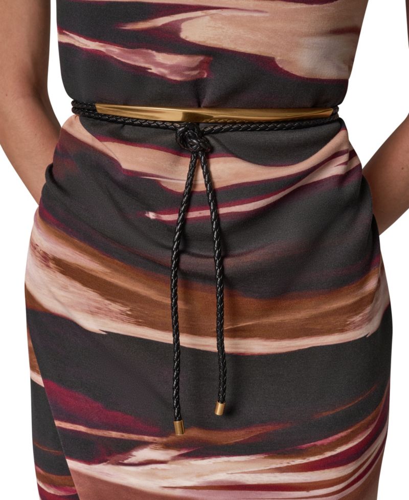 Women's Sleeveless Printed Midi Sheath Dress with Belt