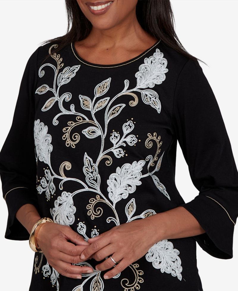 Petite Travel Advisory Scroll Leaf Embroidered 3/4 Sleeve Crewneck Top