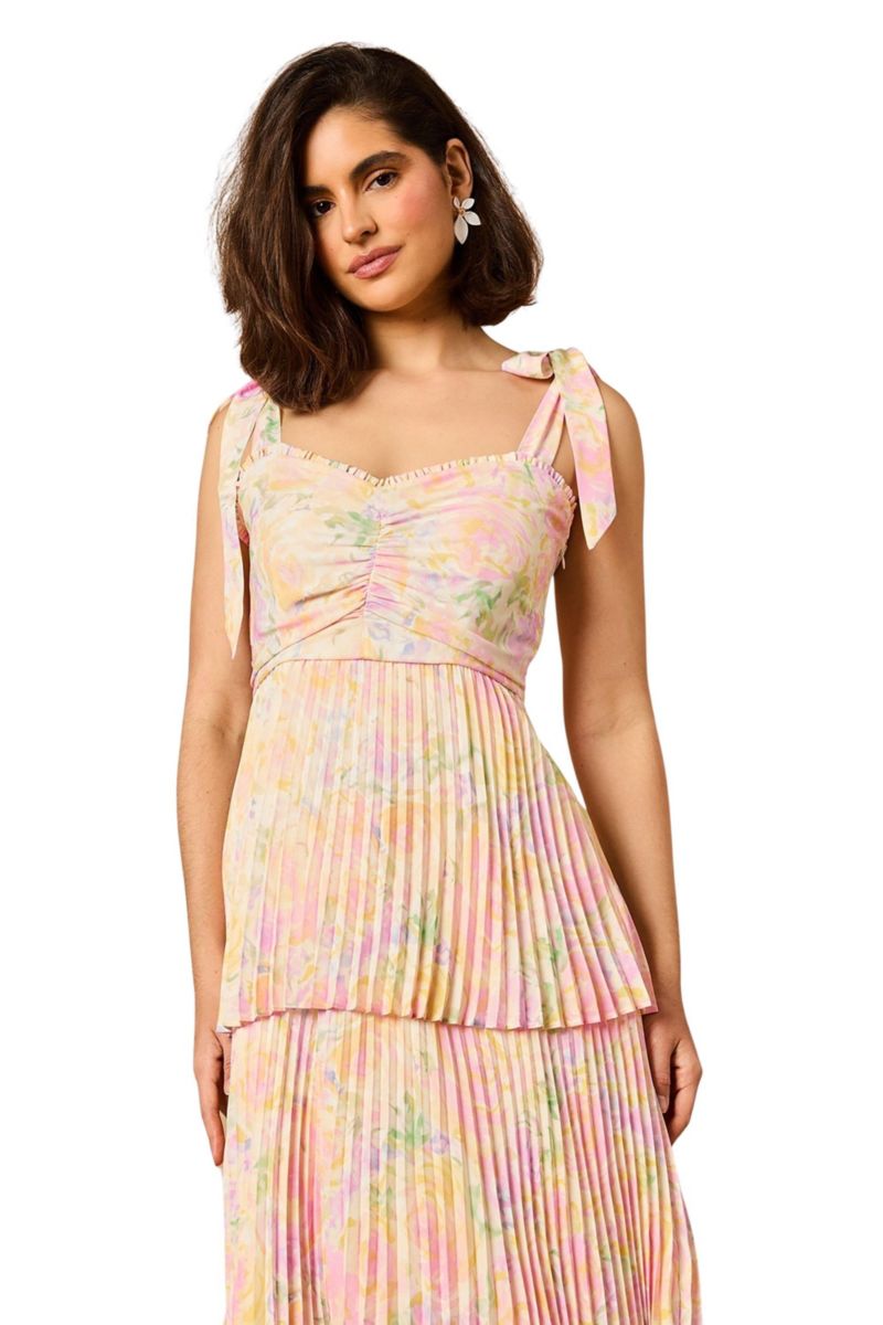 Women's Pleated Tie Shoulder Midi Dress