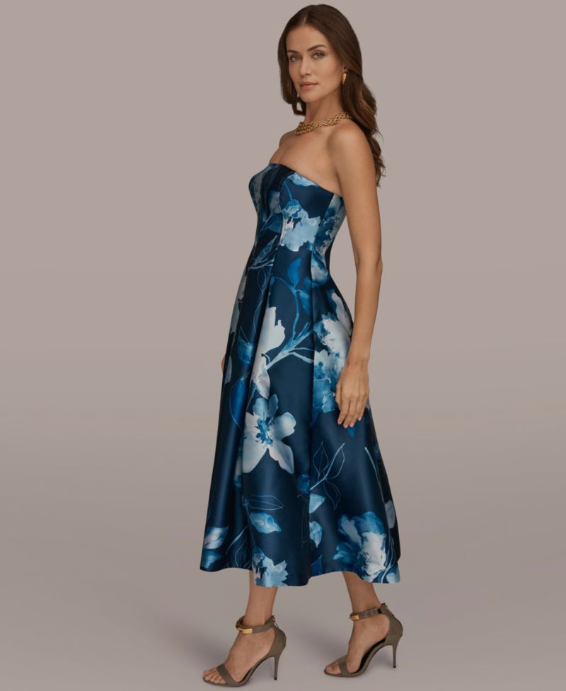 Women's Strapless Floral A-Line Midi Dress
