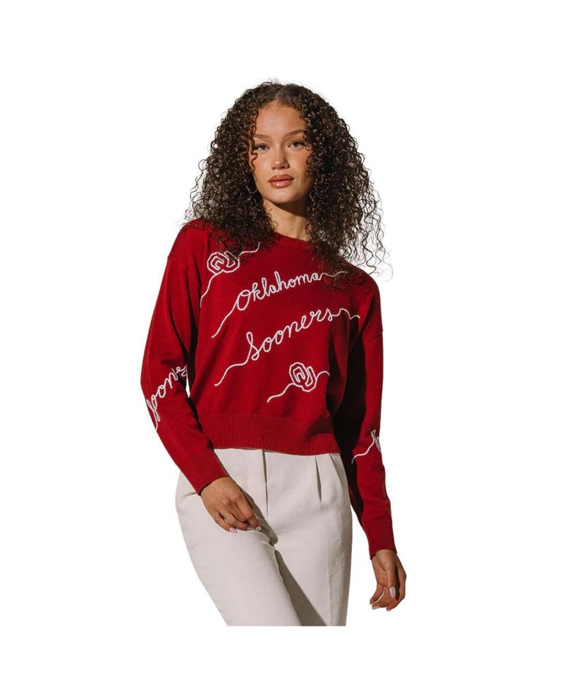 Women's Crimson Oklahoma Sooners Love Note Embroidered Pullover Sweater