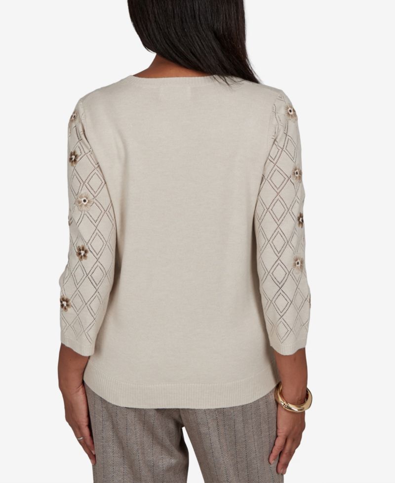 Women's 3/4-Sleeve Pointelle Diamond-Pattern Floral-Embellished Sweater