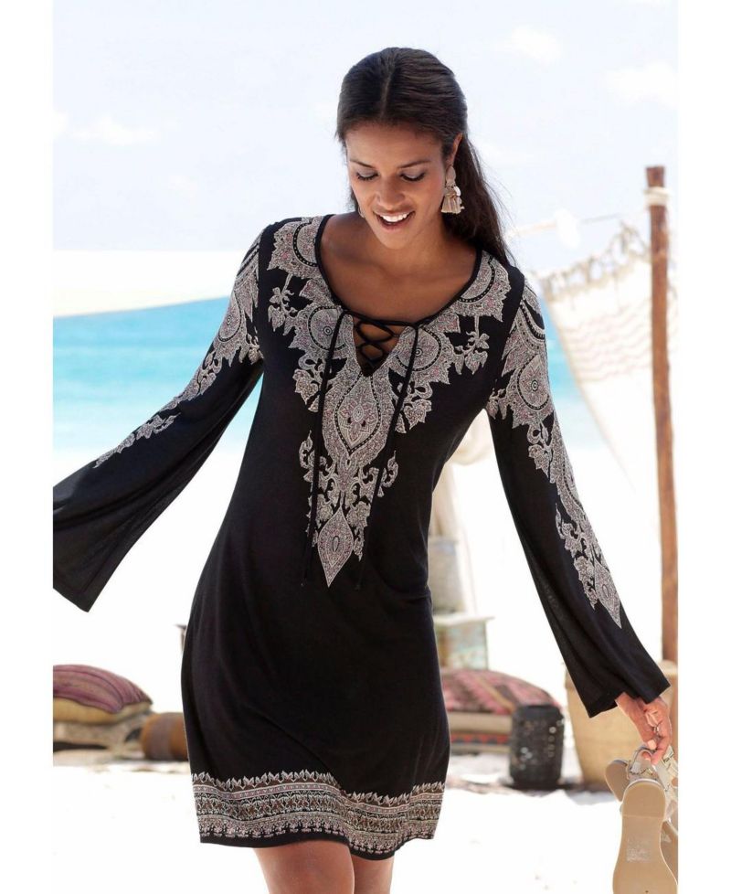 Women's Viscose Boho Print Lace Up Notch-Neck Short Dress