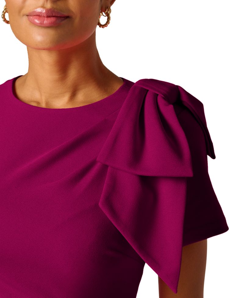 Petite Crewneck Pleated Bow Midi Dress