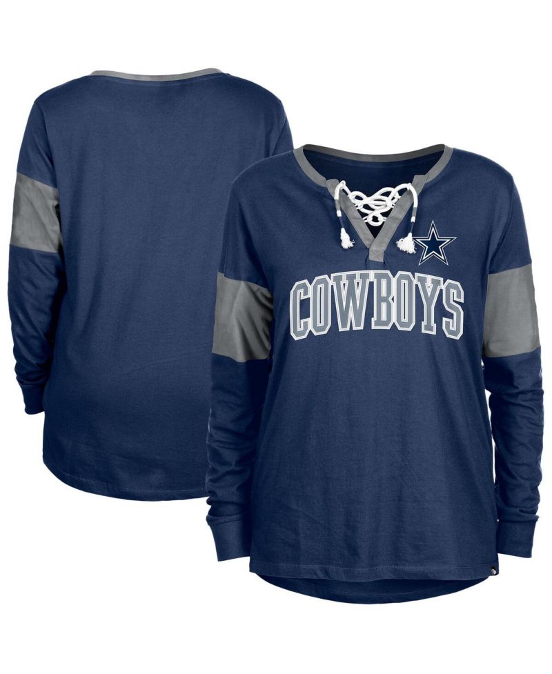 Women's Navy Dallas Cowboys Lace-Up Notch-Neck Long Sleeve T-Shirt