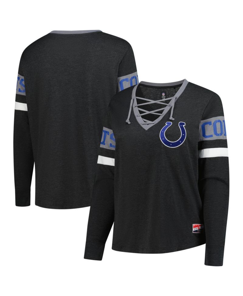 Women's Black Indianapolis Colts Plus Size Throwback Lace-Up Long Sleeve T-Shirt