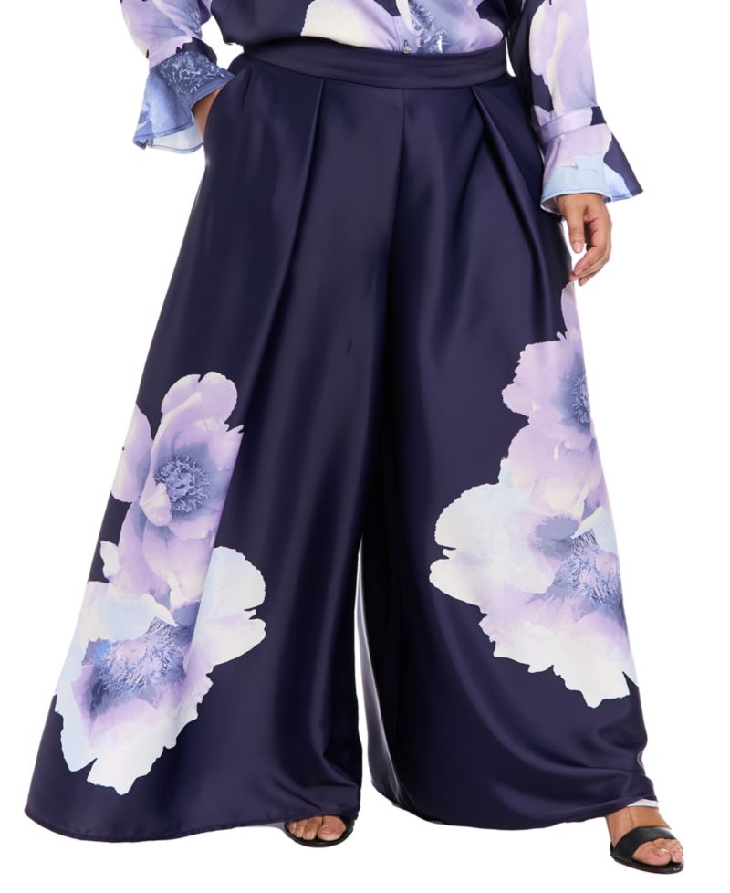 Plus Size Front Pleat Floral Placement Palazzo Pants