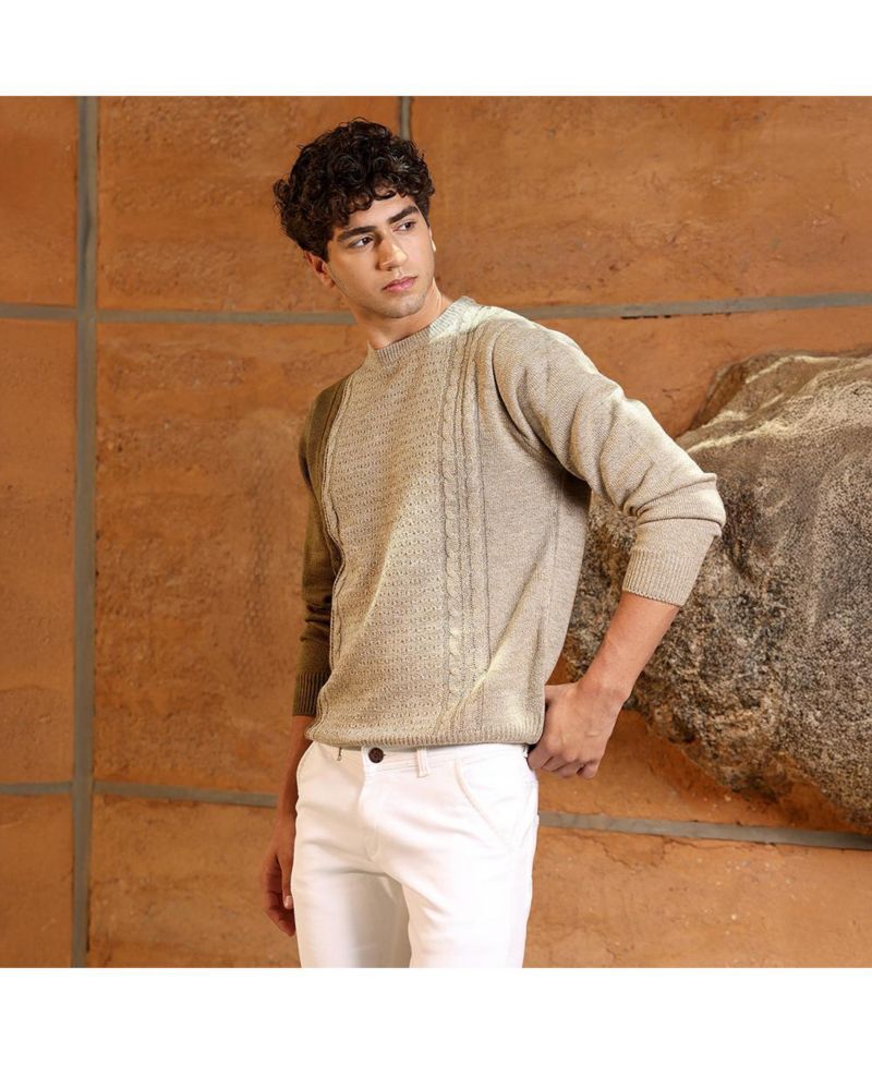 Men's Sand Beige Textured-Jacquard Knit Pullover Sweater