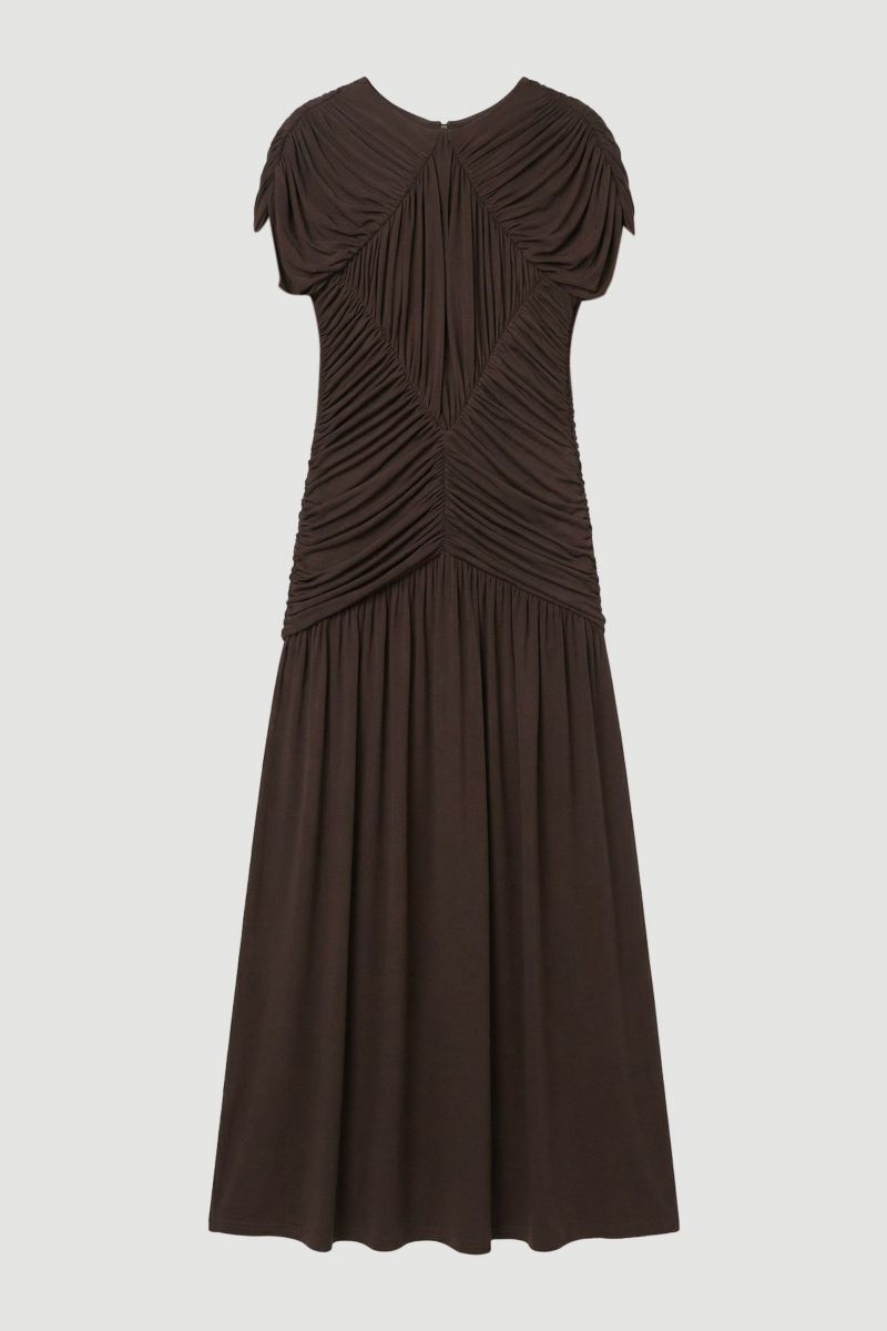 Women's Short-Sleeve Open Back Ruched Jersey Maxi Dress