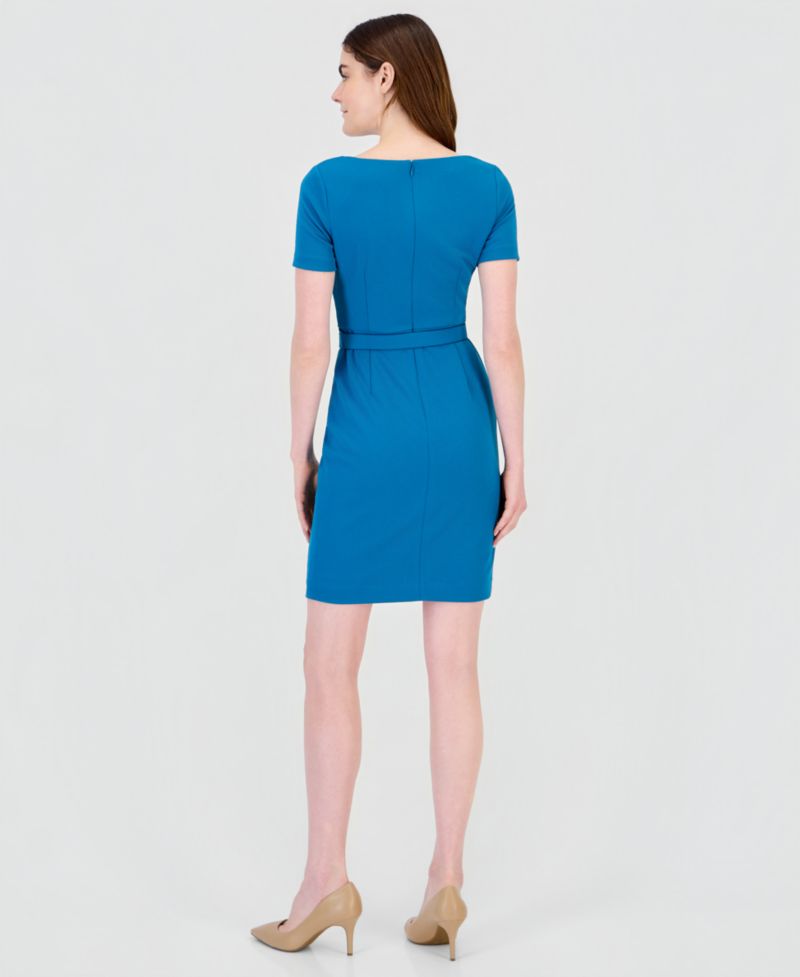 Petite Short-Sleeve Pleated Asymmetrical-Neckline Dress