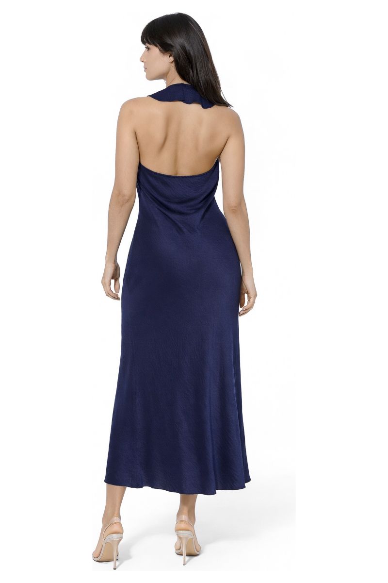 Women's Crushed Satin Ruffle Halter Maxi Dress