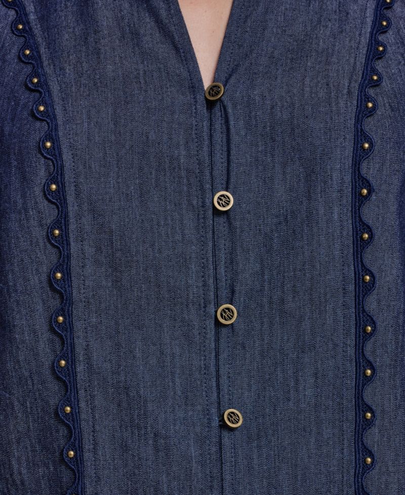 Women's V-Neck Nailhead Trim Short-Sleeve Blouse