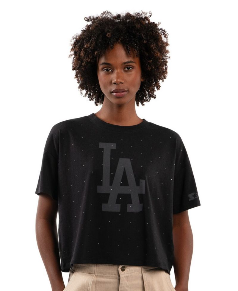 Women's Black Los Angeles Dodgers Rhinestone Sprinkle Boxy Cropped T-Shirt