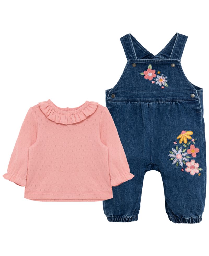 Baby Girls' Round Neck Top and Flowers Overall, 2-Piece Set