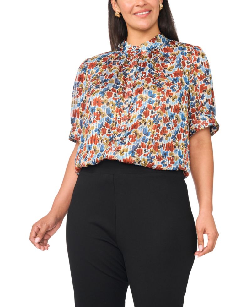 Plus Size Floral Short Puff-Sleeve Mock-Neck Blouse