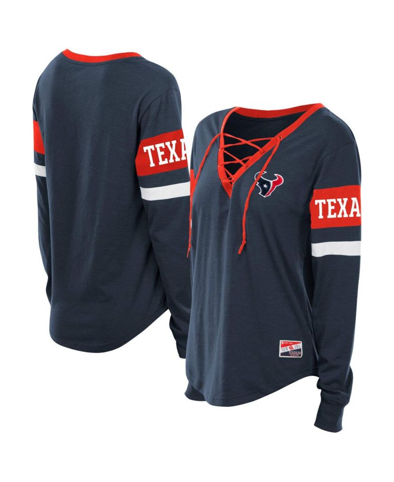 Women's Navy Houston Texans Plus Size Throwback Lace-Up Long Sleeve T-Shirt